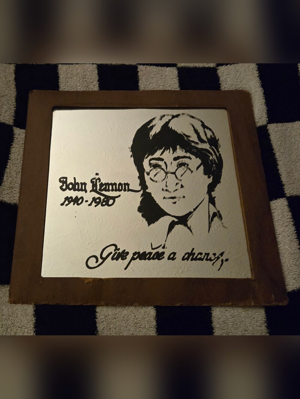 John Lennon mirrored glass art piece Give Peace A Chance